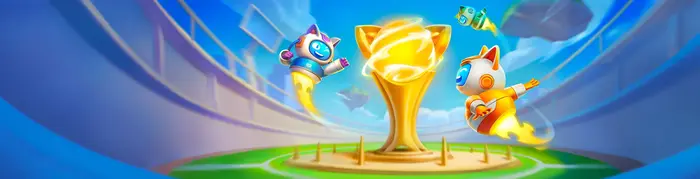 Robocat casino mascots celebrating around a golden trophy